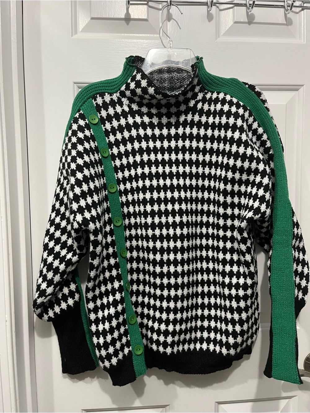 Black & White Houndstooth Turtleneck Sweater with Green Trim